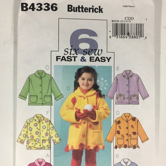 Butterick B4336 Fast & Easy Girls Fleece Jacket Sewing Pattern Size 2-5 - Picture 1 of 2